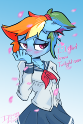 Size: 2560x3840 | Tagged: safe, artist:danli69, rainbow dash, anthro, g4, alternate hairstyle, blushing, clothes, collarbone, cute, dashabetes, female, floppy ears, high res, implied twilight sparkle, japanese school uniform, lesbian, lidded eyes, out of character, ponytail, school uniform, schoolgirl, ship:twidash, shipping, shy, solo