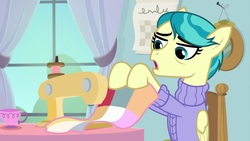 Size: 1920x1080 | Tagged: safe, screencap, auntie lofty, pegasus, pony, g4, the last crusade, chair, clothes, female, hoof hold, quilt, sewing machine, sitting, solo, sweater, table, window