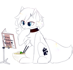 Size: 1000x960 | Tagged: safe, artist:heddopen, oc, oc only, oc:loulou, pony, book, chest fluff, chopsticks, confused, ear fluff, fluffy tail, food, jewelry, necklace, noodles, paw prints, pure white, ramen, silly, simple background, sitting, solo, thinking, white background