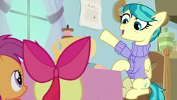 Size: 1920x1080 | Tagged: safe, screencap, apple bloom, auntie lofty, scootaloo, earth pony, pegasus, pony, g4, the last crusade, chair, clothes, female, scootaloo's house, sewing machine, sweater, table, window