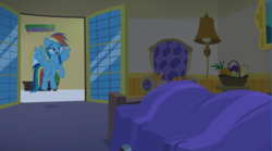 Size: 800x445 | Tagged: safe, rainbow dash, pony, g4, grannies gone wild, bed, bedroom eyes, dark room, floating, fruit basket, pillow, pillow dummy