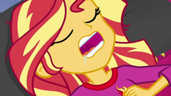 Size: 1280x720 | Tagged: safe, screencap, sunset shimmer, equestria girls, g4, my little pony equestria girls: choose your own ending, wake up!, drool, female, majestic as fuck, sleeping, snoring, solo