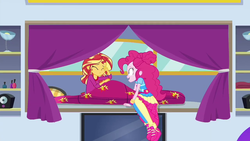 Size: 1280x720 | Tagged: safe, screencap, pinkie pie, sunset shimmer, equestria girls, g4, my little pony equestria girls: choose your own ending, wake up!, wake up!: pinkie pie, bed, duo, eyes closed, shoes, sleeping, sneakers
