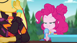 Size: 1280x720 | Tagged: safe, screencap, pinkie pie, sunset shimmer, equestria girls, g4, my little pony equestria girls: choose your own ending, wake up!, wake up!: pinkie pie, drinking, lidded eyes