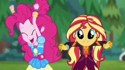 Size: 1280x720 | Tagged: safe, screencap, pinkie pie, sunset shimmer, equestria girls, equestria girls series, g4, wake up!, spoiler:choose your own ending (season 2), spoiler:eqg series (season 2), dilated pupils, geode of empathy, geode of sugar bombs, magical geodes, sugar rush, wake up!: pinkie pie