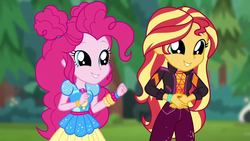 Size: 1280x720 | Tagged: safe, screencap, pinkie pie, sunset shimmer, equestria girls, g4, my little pony equestria girls: choose your own ending, wake up!, wake up!: pinkie pie, dilated pupils, hand on stomach, sugar rush