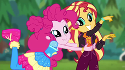 Size: 1280x720 | Tagged: safe, screencap, pinkie pie, sunset shimmer, equestria girls, g4, my little pony equestria girls: choose your own ending, wake up!, wake up!: pinkie pie, dilated pupils, hug, shoes, sneakers, sugar rush