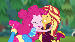 Size: 1280x720 | Tagged: safe, screencap, pinkie pie, sunset shimmer, equestria girls, g4, my little pony equestria girls: choose your own ending, wake up!, wake up!: pinkie pie, boots, cute, diapinkes, geode of empathy, geode of sugar bombs, hug, magical geodes, shimmerbetes, shoes, sneakers, sugar rush