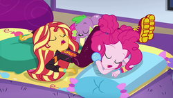 Size: 1280x720 | Tagged: safe, screencap, pinkie pie, spike, spike the regular dog, sunset shimmer, dog, equestria girls, g4, my little pony equestria girls: choose your own ending, wake up!, wake up!: pinkie pie, boots, drool, eyes closed, female, male, shoes, sleeping, sugar crash