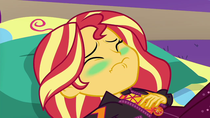 2067153 - safe, screencap, sunset shimmer, equestria girls, wake up!,  spoiler:choose your own ending (season 2), spoiler:eqg series (season 2),  green face, sick, sleeping, stomach ache, sugar crash, wake up!: pinkie pie  - Derpibooru