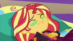 Size: 1280x720 | Tagged: safe, screencap, sunset shimmer, equestria girls, g4, my little pony equestria girls: choose your own ending, wake up!, wake up!: pinkie pie, blushing, green face, sick, sleeping, stomach ache, sugar crash