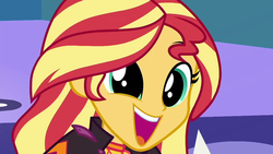 Size: 1280x720 | Tagged: safe, screencap, sunset shimmer, equestria girls, equestria girls series, g4, wake up!, spoiler:choose your own ending (season 2), spoiler:eqg series (season 2), close-up, cute, cyoa, dilated pupils, female, happy, solo, squee, sugar rush, wake up!: pinkie pie