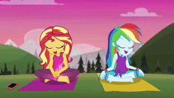 Size: 1280x720 | Tagged: safe, screencap, rainbow dash, sunset shimmer, equestria girls, equestria girls series, g4, wake up!, spoiler:choose your own ending (season 2), spoiler:eqg series (season 2), animated, barefoot, clothes, crossed legs, cyoa, feet, female, geode of empathy, geode of super speed, magical geodes, meditating, pants, phone, sitting, sleeveless, sound, tank top, wake up!: rainbow dash, webm, yoga, yoga mat, yoga pants