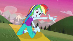 Size: 1280x720 | Tagged: safe, screencap, rainbow dash, sunset shimmer, equestria girls, equestria girls series, g4, wake up!, spoiler:choose your own ending (season 2), spoiler:eqg series (season 2), animated, armpits, barefoot, clothes, confused lemur, crossed legs, cyoa, feet, female, geode of empathy, geode of super speed, horse on a bike, inverse badger, magical geodes, meditating, pants, phone, sitting, sleeveless, sound, tank top, tech-savvy donkey, the stranded turtle, the undulating parakeet, wake up!: rainbow dash, webm, yoga, yoga mat, yoga pants, yoga pose