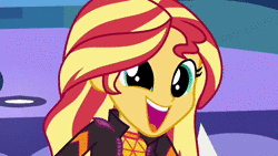 Size: 1280x720 | Tagged: safe, screencap, duke suave, hunter hedge, ink jet, pinkie pie, raspberry lilac, snails, spike, spike the regular dog, sunset shimmer, dog, equestria girls, equestria girls series, g4, wake up!, spoiler:choose your own ending (season 2), spoiler:eqg series (season 2), acoustic guitar, air guitar, animated, background human, clothes, cool scarf guy, cute, dancing, devil horn (gesture), diapinkes, dilated pupils, female, geode of empathy, geode of sugar bombs, guitar, headbang, hug, hyperactive, magical geodes, male, musical instrument, scarf, shimmerbetes, shoes, sneakers, sound, sugar rush, unnamed character, unnamed human, wake up!: pinkie pie, webm