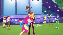 Size: 1280x720 | Tagged: safe, screencap, duke suave, ink jet, pinkie pie, raspberry lilac, snails, spike, spike the regular dog, sunset shimmer, dog, equestria girls, g4, my little pony equestria girls: choose your own ending, wake up!, wake up!: pinkie pie, acoustic guitar, animated, background human, clothes, cool scarf guy, female, guitar, male, musical instrument, nose in the air, scarf, shoes, sneakers, sound, stage, sugar rush, unnamed character, unnamed human, webm