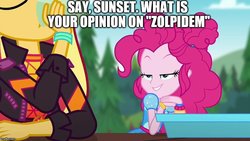 Size: 888x500 | Tagged: safe, edit, edited screencap, screencap, pinkie pie, sunset shimmer, equestria girls, g4, my little pony equestria girls: better together, wake up!, wake up!: pinkie pie, clothes, drug abuse, drug use, female