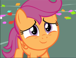 Size: 1224x941 | Tagged: safe, screencap, scootaloo, pegasus, pony, g4, the last crusade, confetti, cropped, cute, cutealoo, female, filly, looking up, smiling, solo