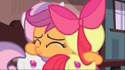 Size: 1669x940 | Tagged: safe, screencap, apple bloom, scootaloo, sweetie belle, earth pony, pegasus, pony, unicorn, g4, the last crusade, butt, cropped, crying, cutie mark, cutie mark crusaders, female, filly, hug, plot, rear view, smiling, tears of joy, the cmc's cutie marks, trio