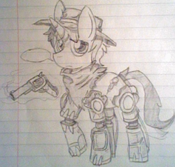 Size: 652x624 | Tagged: safe, artist:lucas47-46, oc, oc only, pony, unicorn, fallout equestria, glowing horn, gun, hat, horn, levitation, lined paper, magic, male, monochrome, prosthetic leg, solo, stallion, telekinesis, traditional art, weapon
