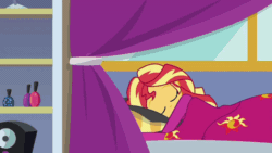 Size: 800x450 | Tagged: safe, screencap, applejack, sunset shimmer, equestria girls, g4, my little pony equestria girls: choose your own ending, wake up!, wake up!: applejack, animated, annoyed, barefoot, bed, blanket, clothes, covering, curled toes, curled up, feet, female, glare, grumpy, pajamas, pillow, sitting up, sleeping, waking up
