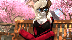 Size: 1920x1080 | Tagged: safe, artist:anthroponiessfm, oc, oc only, oc:starry snow, deer, deer pony, original species, anthro, 3d, anthro oc, breasts, cherry blossoms, clothes, cute, cute face, deer oc, flower, flower blossom, glasses, long hair, long mane, looking at you, park, source filmmaker