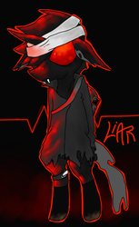Size: 712x1165 | Tagged: safe, artist:lucas47-46, oc, oc only, oc:joshua lierfly, changeling, bandage, bipedal, clothes, edgy, edgy as fuck, fangs, male, red and black oc, red changeling, solo, torn clothes