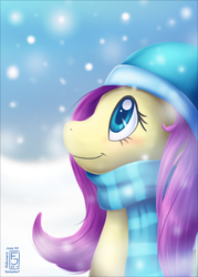 Size: 500x700 | Tagged: safe, artist:skyheavens, fluttershy, pony, g4, blushing, bust, clothes, cute, female, hat, looking up, mare, portrait, profile, scarf, shyabetes, smiling, snow, snowfall, solo, winter, winter outfit