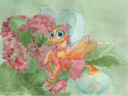 Size: 3516x2665 | Tagged: safe, artist:kelseyleah, princess skystar, seapony (g4), g4, my little pony: the movie, clothes, female, flower, high res, kalanchoe, solo, traditional art, watercolor painting