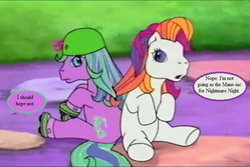 Size: 757x506 | Tagged: safe, edit, edited screencap, editor:korora, screencap, scooter sprite, sunny daze (g3), pony, dancing in the clouds, g3, dialogue, hat, roller skates, speech bubble