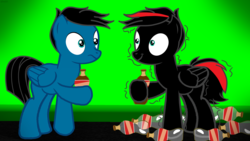 Size: 3840x2160 | Tagged: safe, artist:agkandphotomaker2000, oc, oc:arnold the pony, oc:pony video maker, pegasus, pony, high res, hyperactive, jitters, needs more saturation, red and black oc, soda, soda bottle, sugar rush