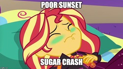 Size: 800x450 | Tagged: safe, edit, edited screencap, screencap, sunset shimmer, equestria girls, g4, my little pony equestria girls: choose your own ending, wake up!, wake up!: pinkie pie, blushing, caption, green face, image macro, meme, sick, sleeping, stomach ache, sugar crash, text