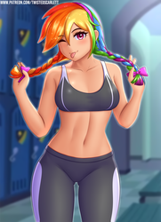Size: 1810x2501 | Tagged: safe, artist:twistedscarlett60, rainbow dash, human, :p, adorasexy, alternate hairstyle, beautisexy, belly button, blurry background, blushing, bow, braid, braided pigtails, breasts, busty rainbow dash, clothes, cute, dashabetes, female, hair bow, high res, humanized, locker room, looking at you, midriff, one eye closed, sexy, solo, sports bra, stupid sexy rainbow dash, tongue out, wink