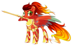 Size: 1920x1235 | Tagged: safe, artist:centchi, oc, oc only, oc:anwara, pegasus, pony, armor, deviantart watermark, eyeshadow, female, makeup, mare, mouth hold, obtrusive watermark, simple background, solo, sword, transparent background, watermark, weapon