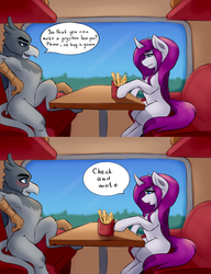 Size: 4000x5195 | Tagged: safe, artist:kittytitikitty, oc, oc only, oc:vax, griffon, pony, unicorn, armpits, female, food, french fries, griffon oc, hooves, horn, male, mare, quadrupedal, sitting, table, train, train cabin, window