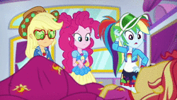 Size: 1920x1080 | Tagged: safe, screencap, applejack, pinkie pie, rainbow dash, sunset shimmer, equestria girls, g4, my little pony equestria girls: choose your own ending, wake up!, animated, bed, clothes, covering, dress, female, geode of sugar bombs, geode of super speed, hat, implied princess celestia, jacket, looking at each other, looking at someone, magical geodes, pants, pillow, rv, sleep talking, sleeping, sound, sunglasses, webm, worried