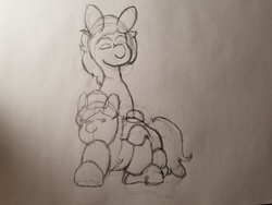 Size: 4032x3024 | Tagged: safe, artist:2tailedderpy, oc, oc:pezzhorse, earth pony, pony, couple, ear fluff, lineart, oc x oc, petting, shipping, tail, traditional art