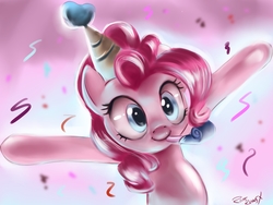 Size: 1600x1200 | Tagged: safe, artist:bunsogen, pinkie pie, earth pony, pony, g4, confetti, cute, diapinkes, female, hat, mare, party hat, party horn, solo