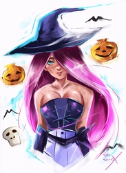 Size: 1356x1853 | Tagged: safe, artist:bunsogen, fluttershy, human, g4, bare shoulders, breasts, clothes, corset, halloween, hat, holiday, humanized, witch hat