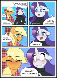 Size: 1280x1756 | Tagged: safe, artist:whisperfoot, applejack, rarity, earth pony, pony, unicorn, semi-anthro, :3, blushing, clothes, comic, cute, dialogue, ear fluff, ear freckles, embarrassed, eyes closed, eyeshadow, female, floppy ears, freckles, holding hooves, implied bdsm, innuendo, jackabetes, lesbian, looking at each other, lying down, lying on bed, makeup, mare, plaid, raribetes, rarijack, relaxed, relaxing, shipping, shocked, smiling, surprised, sweater, turtleneck