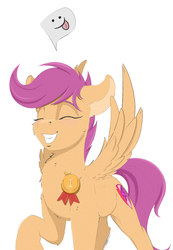 Size: 1900x2750 | Tagged: safe, artist:skitsroom, scootaloo, pegasus, pony, g4, :p, blushing, cute, cutealoo, cutie mark, eyes closed, female, filly, floppy ears, grin, happy, medal, pictogram, raised hoof, simple background, smiling, solo, the cmc's cutie marks, tongue out, white background
