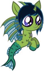 Size: 511x824 | Tagged: safe, artist:lightningbolt, derpibooru exclusive, oc, oc only, oc:demon hellspawn, hybrid, siren, g4, .svg available, baby, baby siren, curved horn, fangs, fins, fish tail, floating, horn, interspecies offspring, leviathan cross, magical gay spawn, male, offspring, scales, show accurate, simple background, slit pupils, solo, story included, svg, transparent background, vector