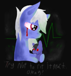 Size: 552x592 | Tagged: safe, artist:lucas47-46, oc, oc only, oc:lucemi, earth pony, pony, blood, bloodshot eyes, crying, doll, electrocardiogram, male, solo, stallion, tears of blood, toy