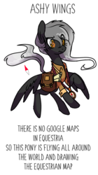 Size: 584x1040 | Tagged: safe, artist:bonpikabon, oc, oc only, oc:ashy wings (ice1517), pegasus, pony, clothes, compass, female, flying, map, mare, raised hoof, saddle bag, scroll, shirt, simple background, solo, text, transparent background