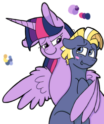 Size: 787x938 | Tagged: safe, artist:flamirasplitz, star tracker, twilight sparkle, alicorn, earth pony, pony, g4, blushing, cute, female, hug, looking at each other, male, ship:twitracker, shipping, straight, twilight sparkle (alicorn), winghug