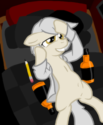 Size: 822x1000 | Tagged: safe, artist:lucas47-46, oc, oc only, oc:wilted willow, earth pony, pony, alcohol, bed, clothes, female, mare, on back, pencil, pillow, solo