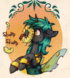 Size: 1776x1987 | Tagged: safe, artist:lonerdemiurge_nail, oc, oc only, oc:04, changeling, changeling oc, donutsnootle, food, onomatopoeia, pineapple, solo, tongue out