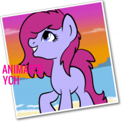 Size: 486x486 | Tagged: safe, artist:lannielona, pony, :p, advertisement, animated, beach, cloud, commission, gif, ocean, photos, polaroid, sand, silly, solo, sunset, tongue out, your character here