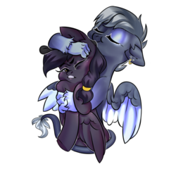 Size: 800x800 | Tagged: source needed, useless source url, safe, artist:ariamidnighters, oc, oc only, oc:artemis, oc:mir, hippogriff, hybrid, pegasus, pony, beret, ear piercing, earring, female, hair wrap, hat, hug, jewelry, piercing, scrunchy face, simple background, squirming, transparent background, two toned wings, wings