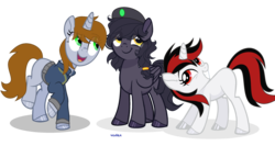 Size: 2824x1616 | Tagged: safe, artist:_vodka, oc, oc only, oc:blackjack, oc:littlepip, oc:mir, pegasus, pony, unicorn, fallout equestria, fallout equestria: project horizons, base used, beret, clothes, embarrassed, fanfic, fanfic art, female, grin, hair wrap, hat, hooves, horn, jumpsuit, leaning forward, lightbringer, mare, missing cutie mark, open mouth, simple background, smiling, transparent background, vault suit, wings, ych result